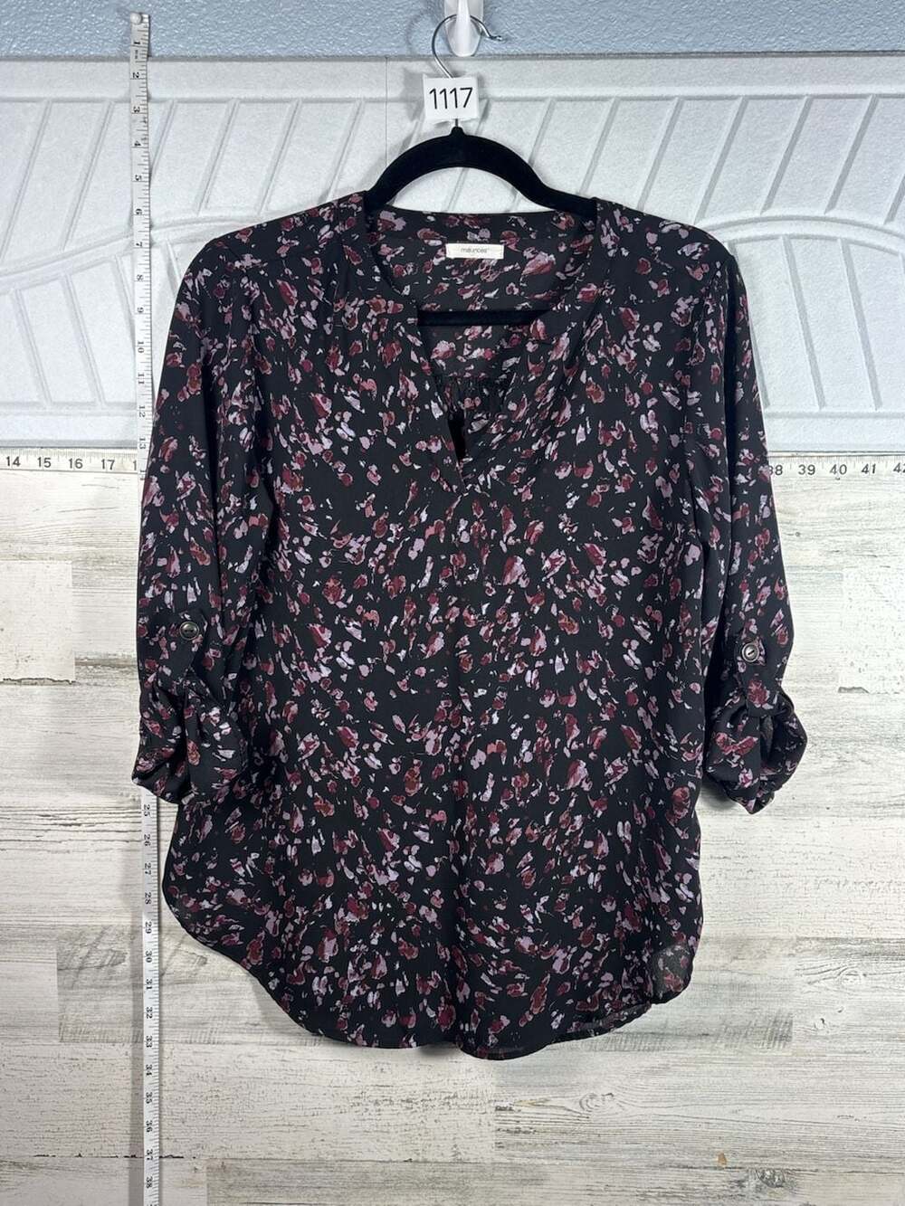 Maurices Roll Tab Sleeve Blouse Black Pink Velvet Print